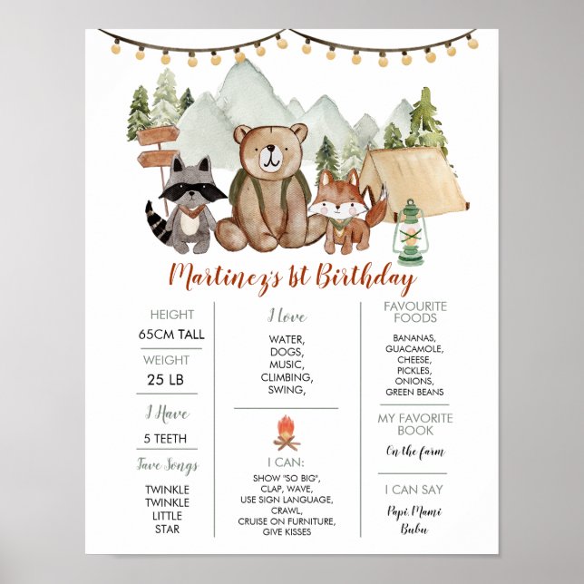 Poster Woodland One Happy Camper First Birthday Milestone (Devant)