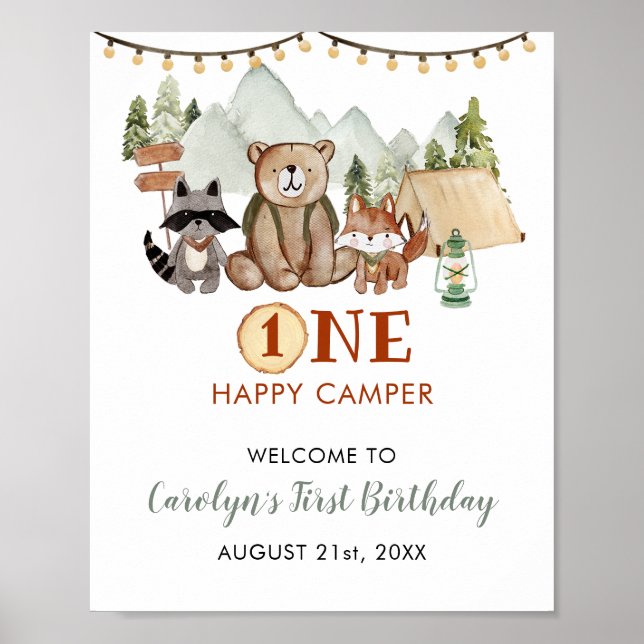 Poster Woodland One Happy Camper First Birthday Welcome (Devant)