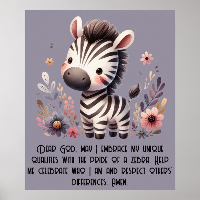 Poster Woodland Zebra Kids Prière chrétienne sur violet | (Devant)