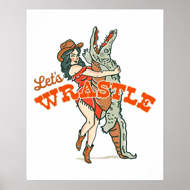 Poster Wrastle : Retro Western Cowgirl & Alligator (Devant)