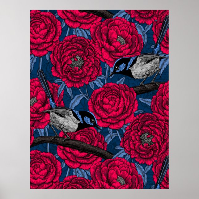 Poster Wrens in the peonies (Devant)