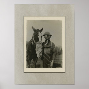 Poster WW1 Soldat et Cheval avec masque à gaz Patriotique