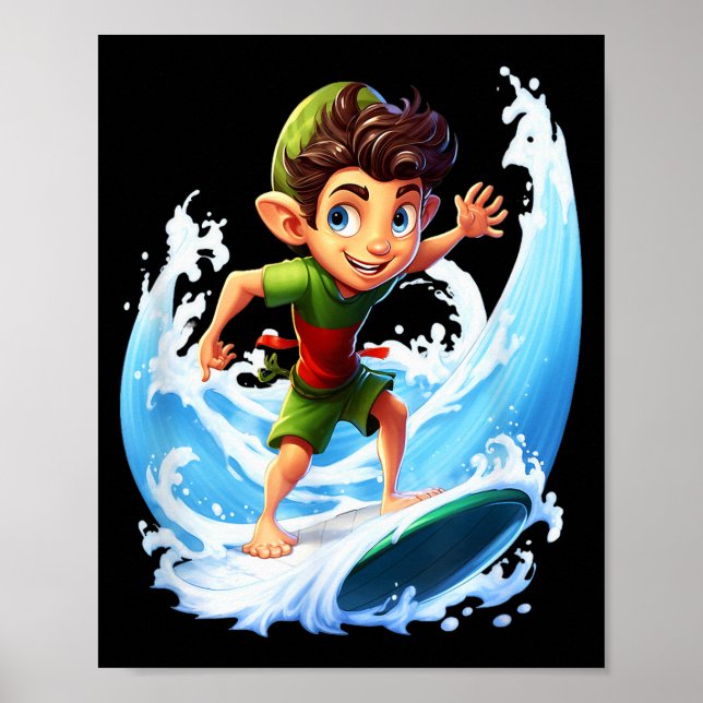 Poster X-mas Christmas Elf Riding Surfboard Surfboard  (Devant)