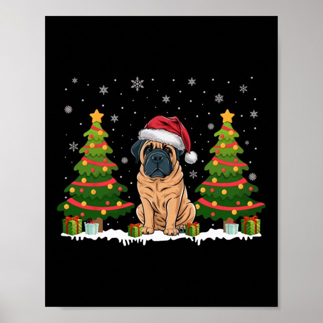 Poster Xmas Tree Lights Français Mastiff Chien Père Noël  (Devant)