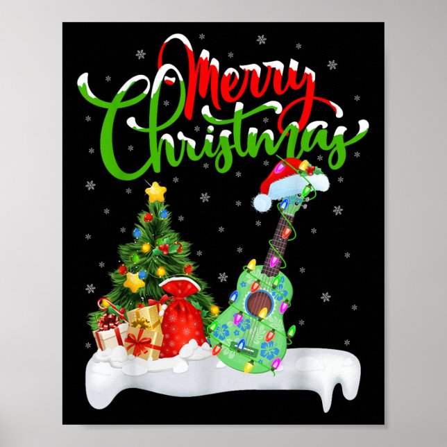Poster Xmas Tree Lights Santa Hat Musical Ukulele Guitar  (Devant)