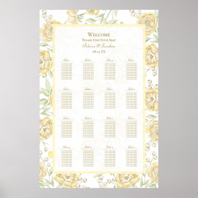 Poster Yellow Rose Wedding Seating Chart (Devant)