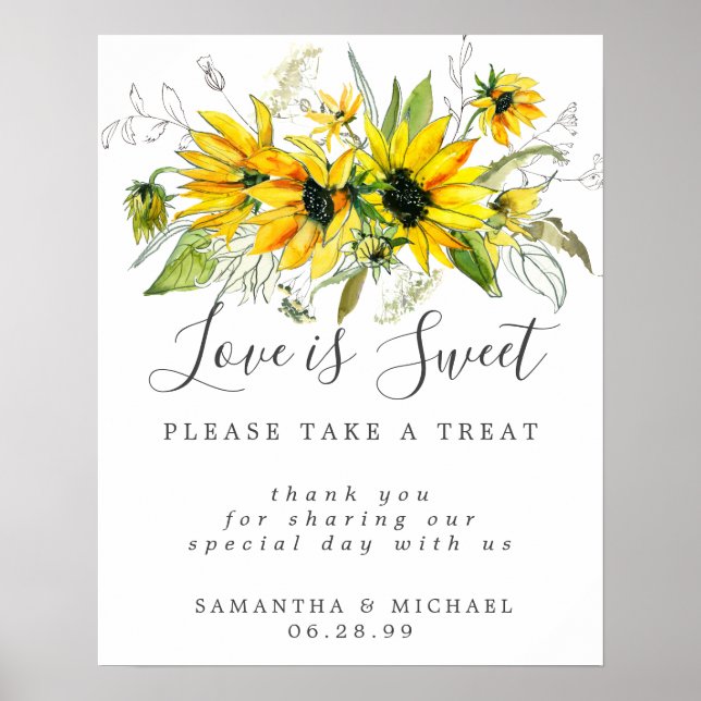 Poster Yellow Sunflowers Love is Sweet Dessert Bar Sign (Devant)