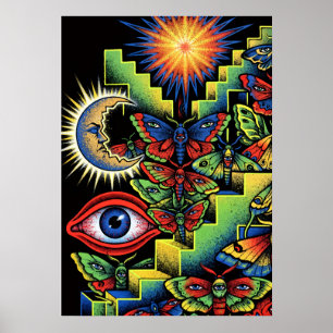 Poster Yeux de papillons de nuit psychédéliques soleil lu