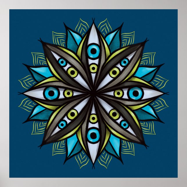 Poster Yeux Étranges Avec Double Fleur Iris Mandala (Devant)