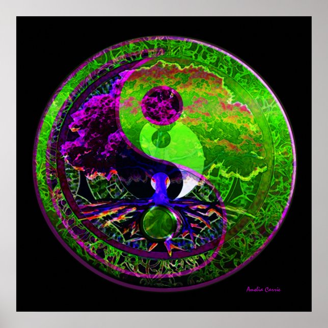 Poster Yin Yang Arbre de vie en violet et vert (Devant)