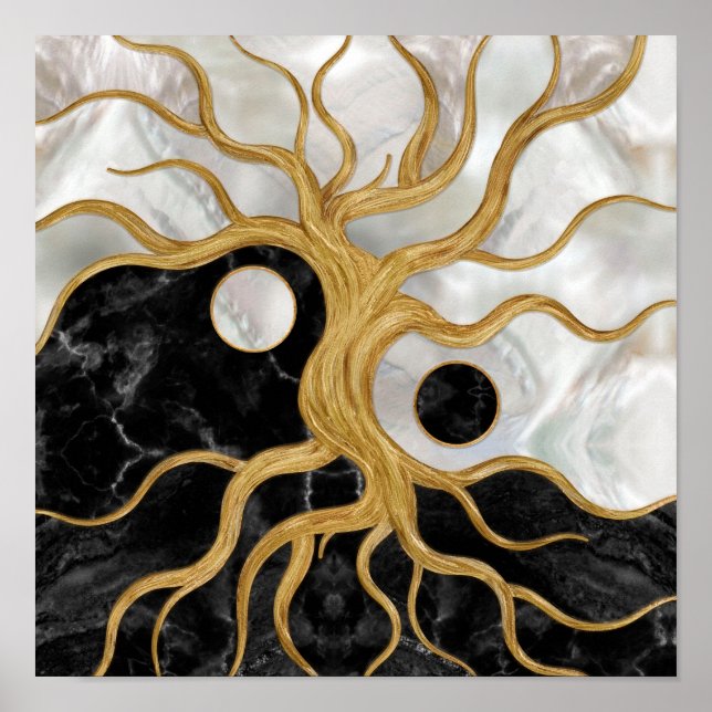 Poster Yin Yang Arbre de vie - Marbres et or (Devant)