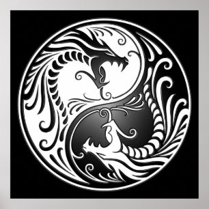 Poster Yin Yang Dragons, blanc et noir