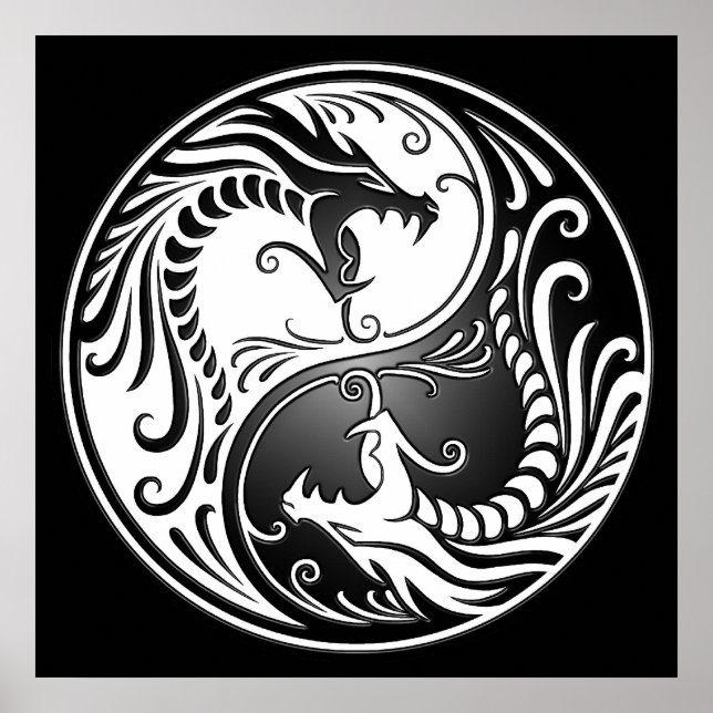 Poster Yin Yang Dragons, blanc et noir (Devant)