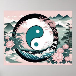 Poster Yin Yang, Floral Montagne Rose Sage Turquoise