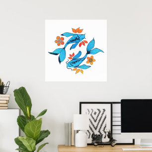 Poster Yin Yang Koi Poisson bleu
