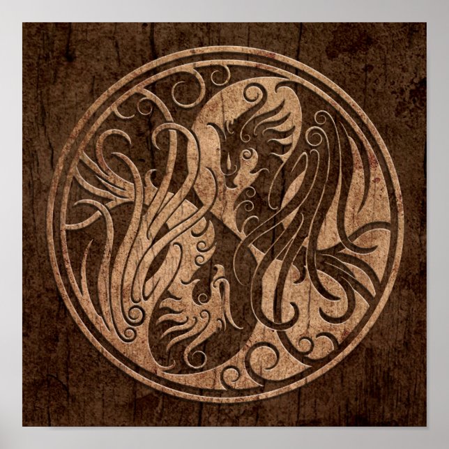 Poster Yin Yang Phoenix avec effet Wood Grain (Devant)