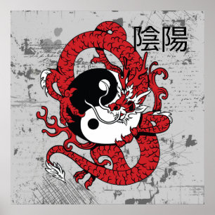 Poster Yin yang Symbole chinois et dragon