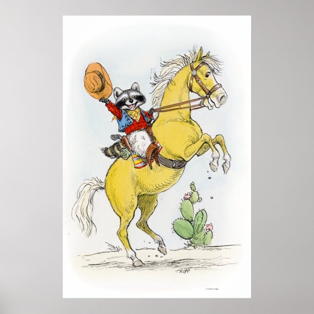 Poster Yippee ! Cowboy Racoon sur son cheval Imprimer (Devant)