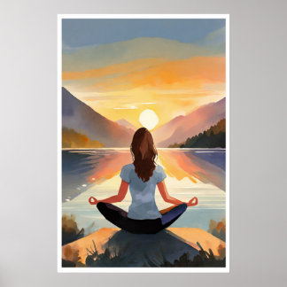 Poster Yoga au lac au coucher du soleil