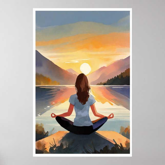 Poster Yoga au lac au coucher du soleil (Devant)