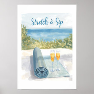Poster Yoga Étirement et Boisson avec fond océanique