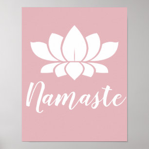 Poster Yoga Namaste Blanc Lotus Fleur & Rose rose