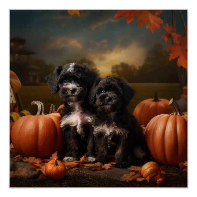 Poster Yorkipoo Chiot Automne Citrouille délice (Devant)