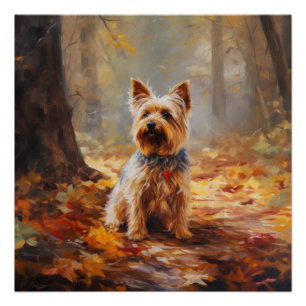 Poster Yorkshire Terrier en Automne Feuilles Tombées Insp