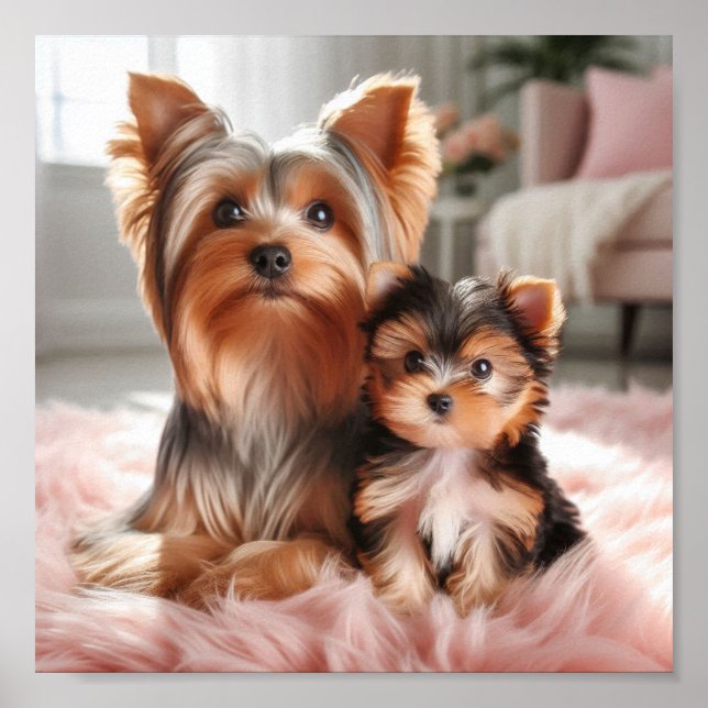 Poster Yorkshire Terrier maman et son chiot (Devant)