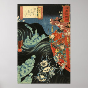 Poster Yoshitsune contre les fantômes Taira : gravure sur