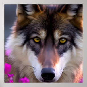 Poster Young wolf in fuchsia pink flowers 