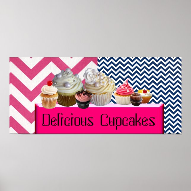 POSTER YUMMY CUPCAKES DESERT SHOP/ROSE BLEU CHEVRON BLANC (Devant)
