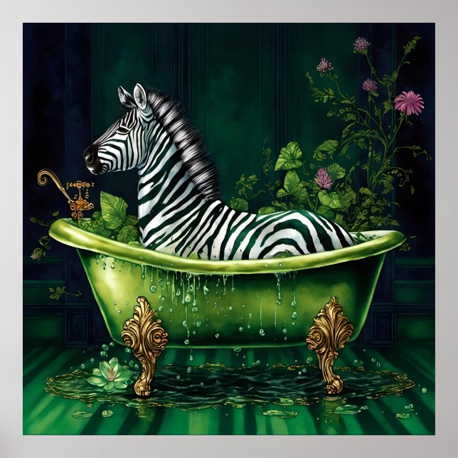 Poster Zèbre amusant dans une baignoire verte (Devant)