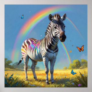 Poster Zèbre extraordinaire en nature avec arc-en-ciel et
