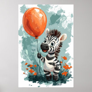 Poster Zèbre mignon avec ballon orange Illustration fanta