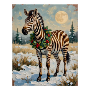 Poster Zèbre vintage dans un champ de Noël enneigé