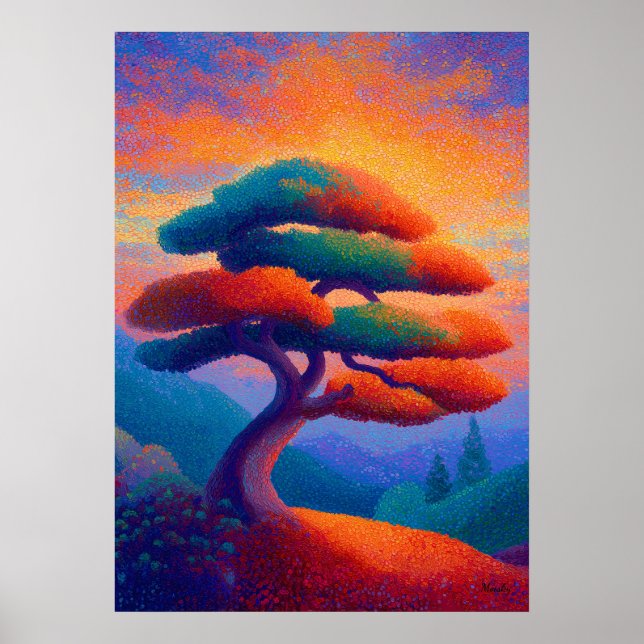 Poster Zen Bonsai Tree Pointillism Landscape Art (Devant)