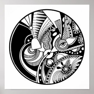 Poster Zendala abstrait noir et blanc sur le cercle 2