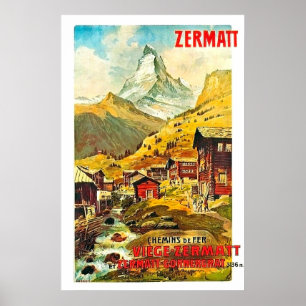 Poster Zermat, sommet montagneux, Suisse, vintage d'été
