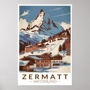 Poster Zermatt Suisse Illustration Art de Voyage Rétro