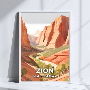 Poster Zion National Park   Voyage Aquarelle Vallée