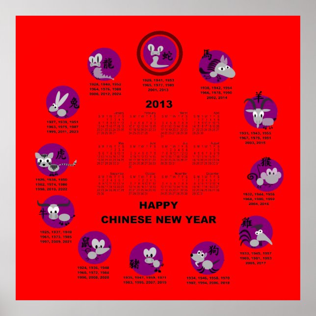 Poster Zodiac chinois 2013 Joyeux calendrier du Nouvel An (Devant)