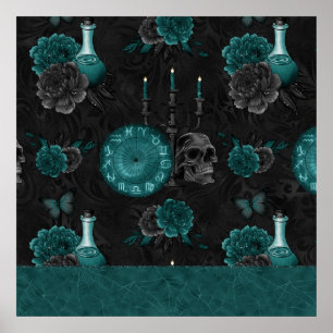 Poster Zodiac Magie Turquoise foncé vert crâne gothique