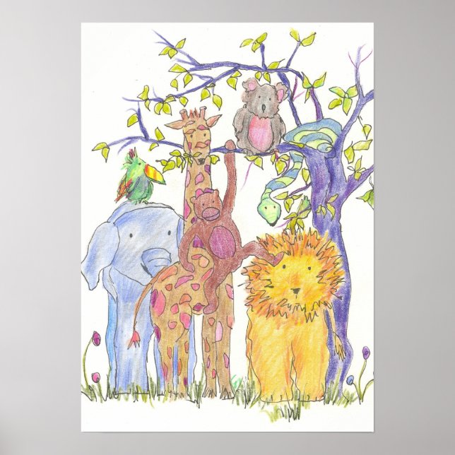 Poster Zoo Jungle Animaux Enfants Salle Art (Devant)