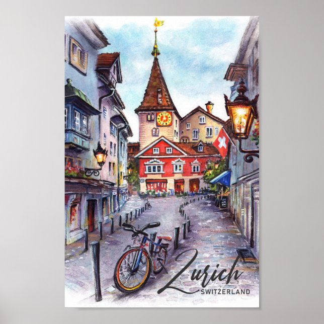 Poster Zurich Suisse Aquarelle Peinture Voyage (Devant)