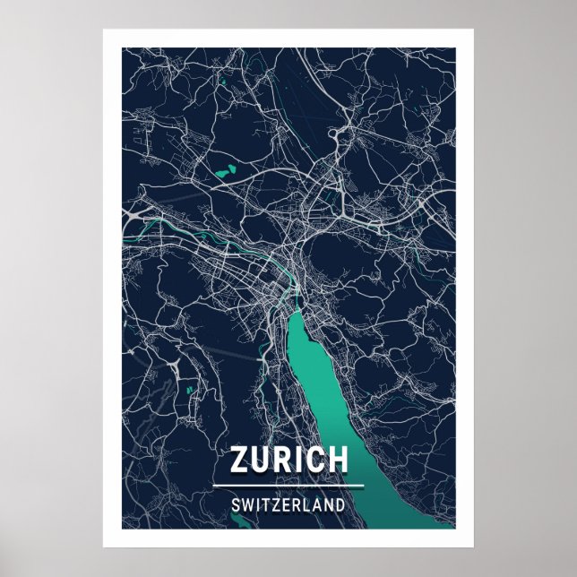 Poster Zurich - Suisse Carte de la ville bleue foncée (Devant)
