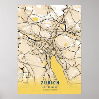Poster Zurich - Suisse Carte de la ville jaune