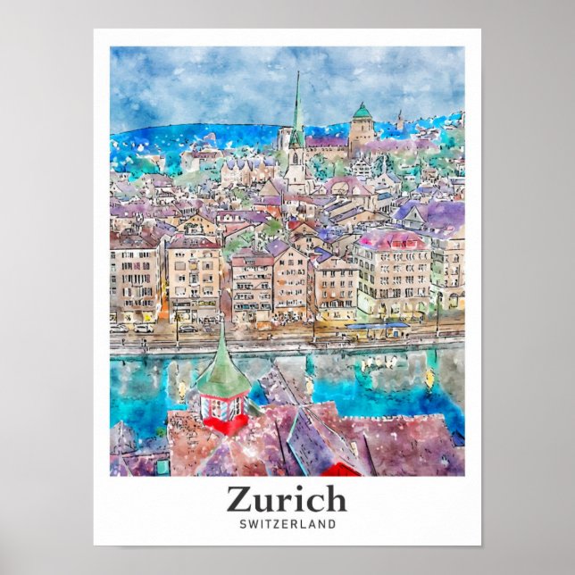 Poster Zurich Suisse Voyage Aquarelle main tiré (Devant)