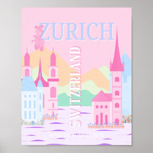 Poster Zurich Travel Art, Suisse, Pink Preppy