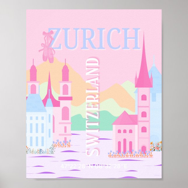 Poster Zurich Travel Art, Suisse, Pink Preppy (Devant)